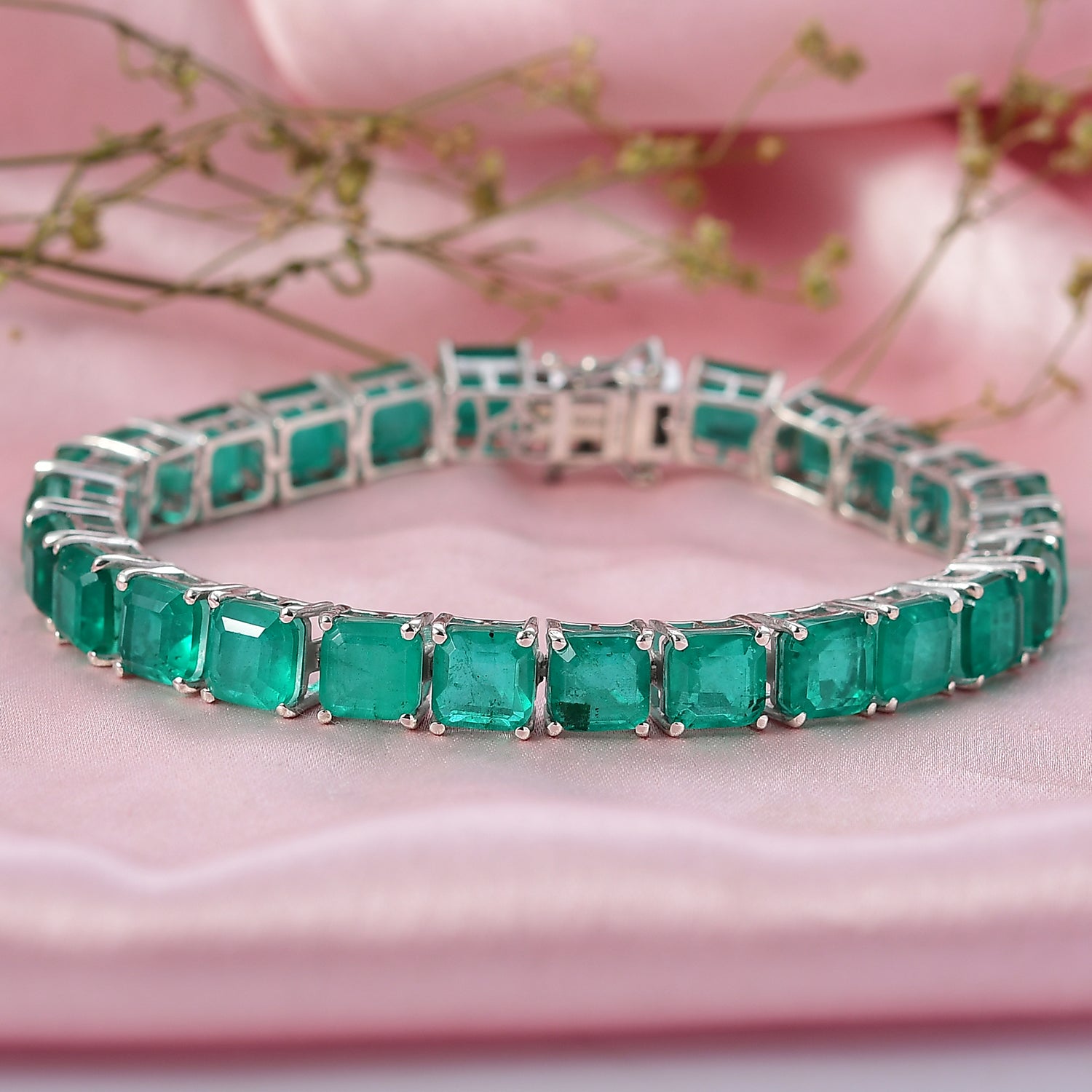 Smaragd-Quarz Triplette Armband ca. 19 cm 925 Silber Rhodiniert ca. 39,58 ct.