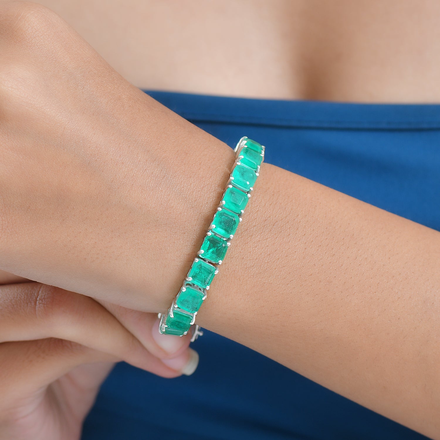 Smaragd-Quarz Triplette Armband ca. 19 cm 925 Silber Rhodiniert ca. 39,58 ct.