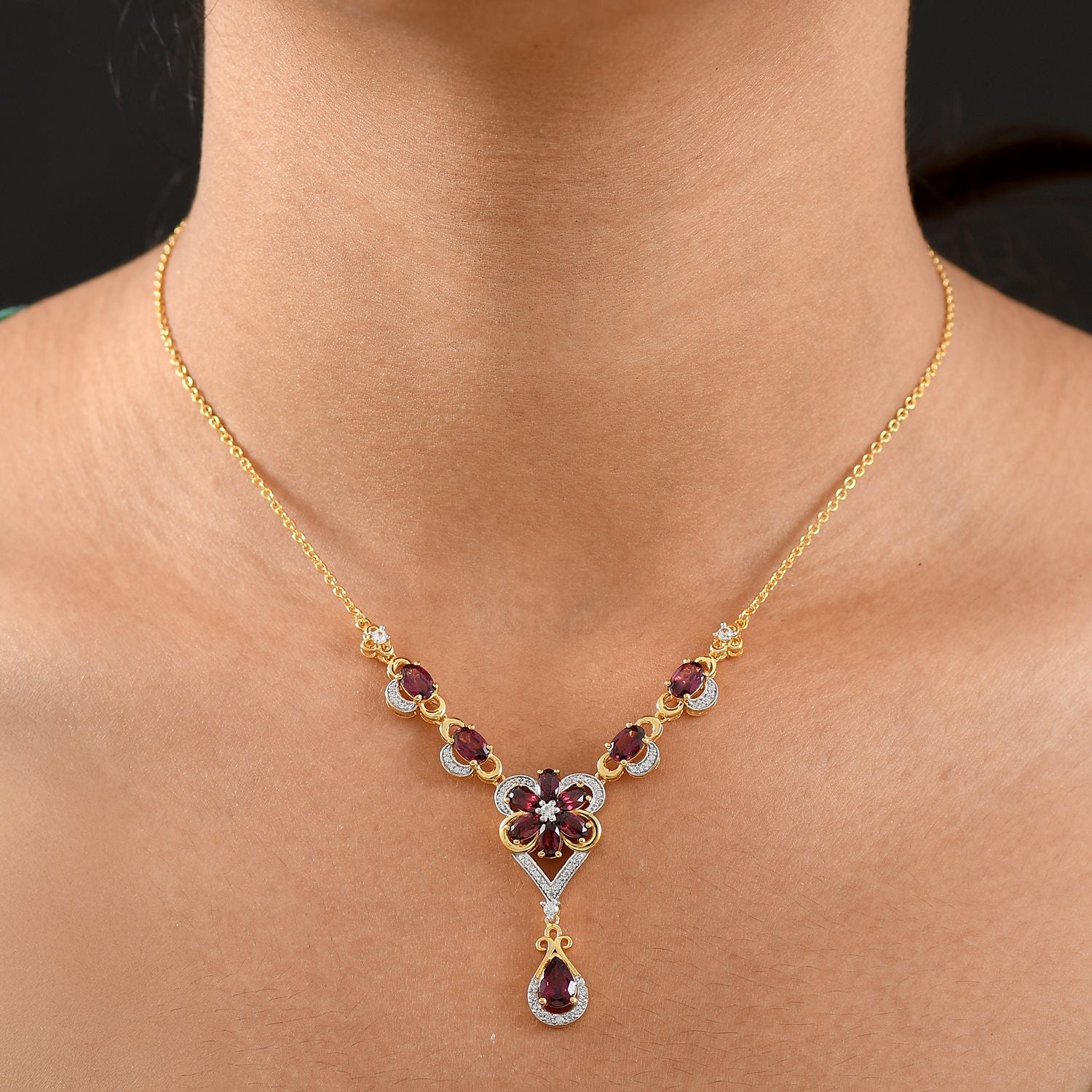 D'Joy Natürlicher Rhodolith Granat Halskette ca. 45 cm 925 Silber 750 Gelbgold Vermeil ca. 6.19 ct