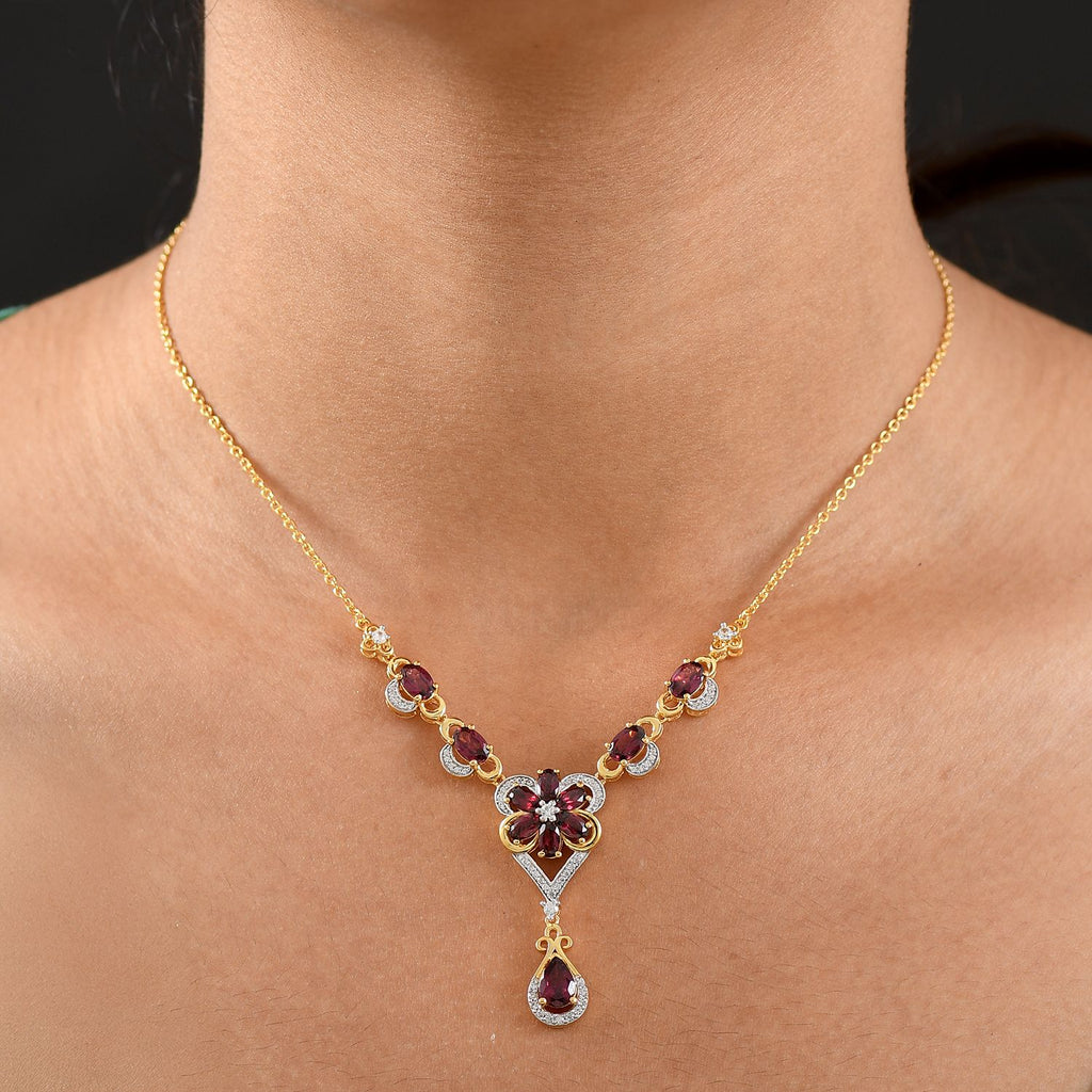 D'Joy Natürlicher Rhodolith Granat Halskette ca. 45 cm 925 Silber 750 Gelbgold Vermeil ca. 6.19 ct