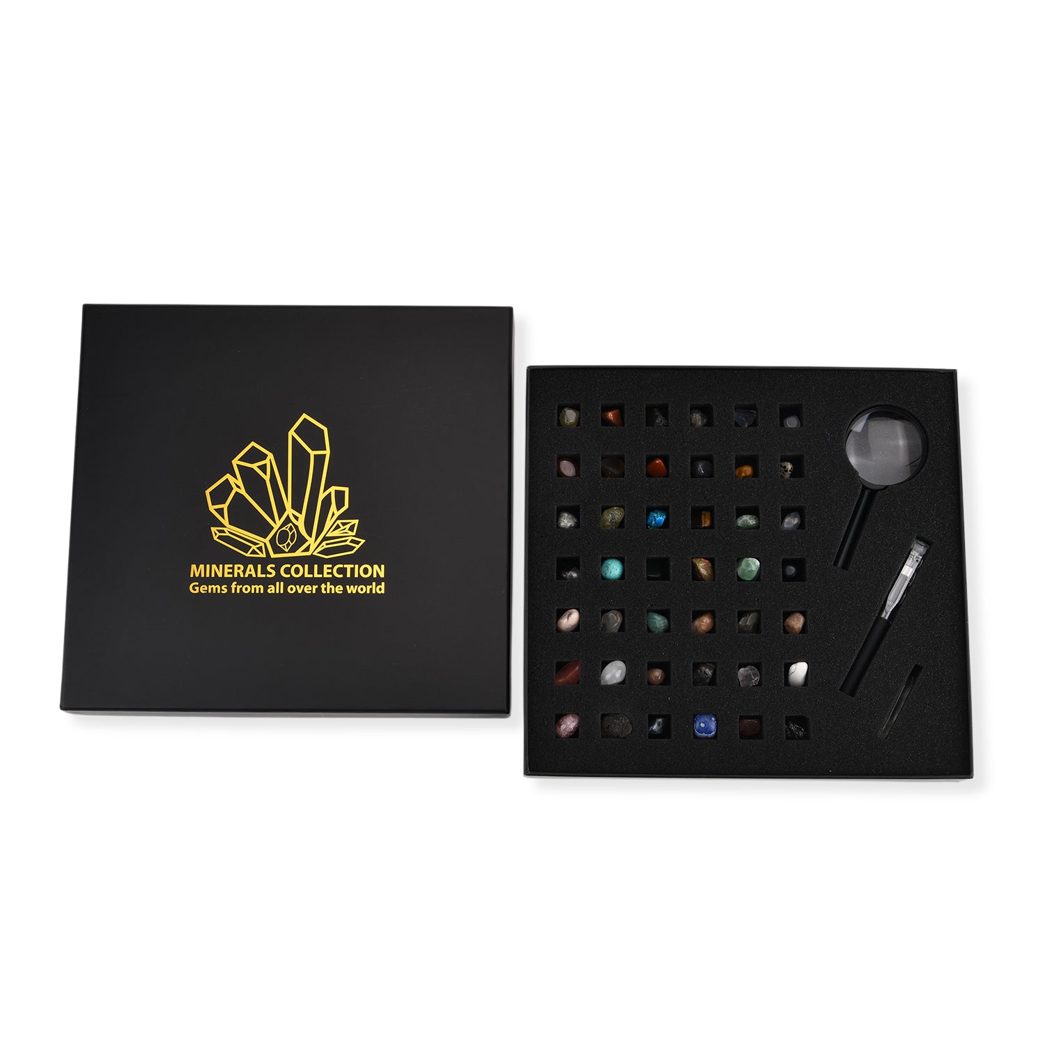 Minerals Collection 45pcs  1pcs Clear Quartz, size about 2-3cm 42pcs different stones, size about 1cm 1pc Black pen(10.5cm L,4.13inch L) 1pc 5X Magnifying glass(10.5x5cm,4.13x1.96inch) 1pc Instruction manual in English version Box size: about 26.5*25.5*3
