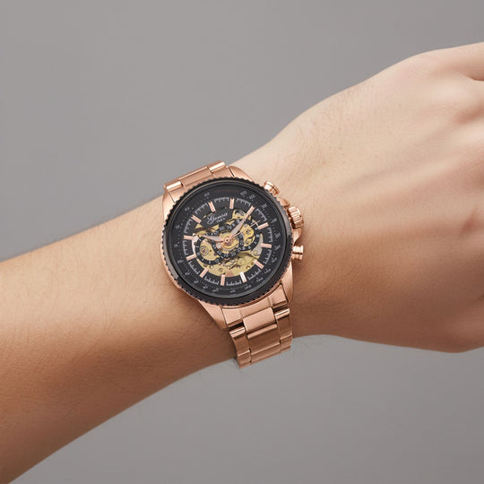 GENOA TIME - Bicolor-Armbanduhr, Reiner Edelstahl, schwarz-silberfarben, Automatik, 3 ATM wasserdicht