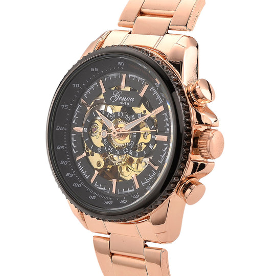 GENOA TIME - Bicolor-Armbanduhr, Reiner Edelstahl, schwarz-silberfarben, Automatik, 3 ATM wasserdicht