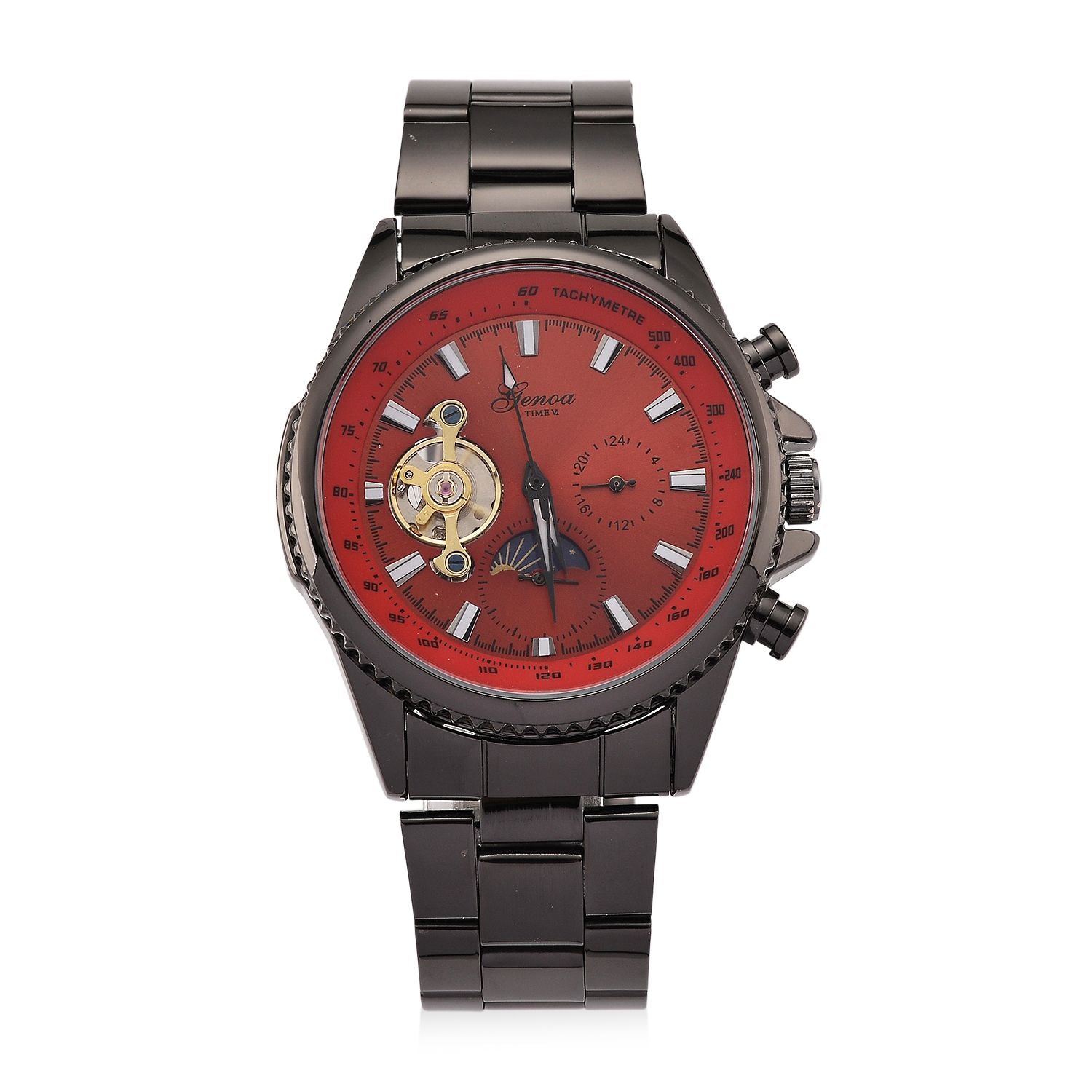 GENOA TIME - Bicolor-Armbanduhr, Reiner Edelstahl, schwarz-rotfarben, Automatik, 3 ATM wasserdicht