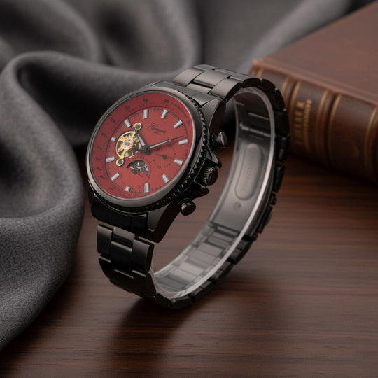GENOA TIME - Bicolor-Armbanduhr, Reiner Edelstahl, schwarz-rotfarben, Automatik, 3 ATM wasserdicht