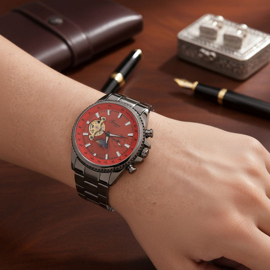 GENOA TIME - Bicolor-Armbanduhr, Reiner Edelstahl, schwarz-rotfarben, Automatik, 3 ATM wasserdicht