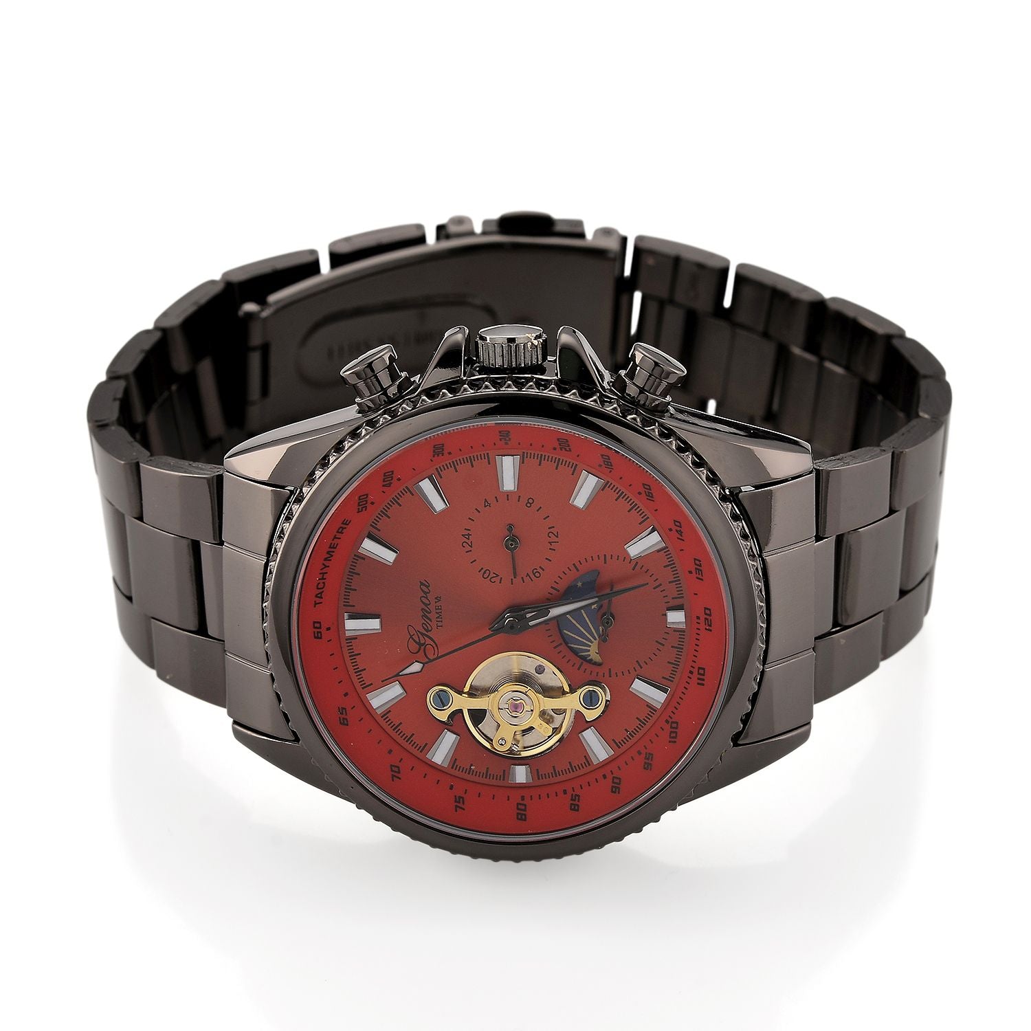 GENOA TIME - Bicolor-Armbanduhr, Reiner Edelstahl, schwarz-rotfarben, Automatik, 3 ATM wasserdicht