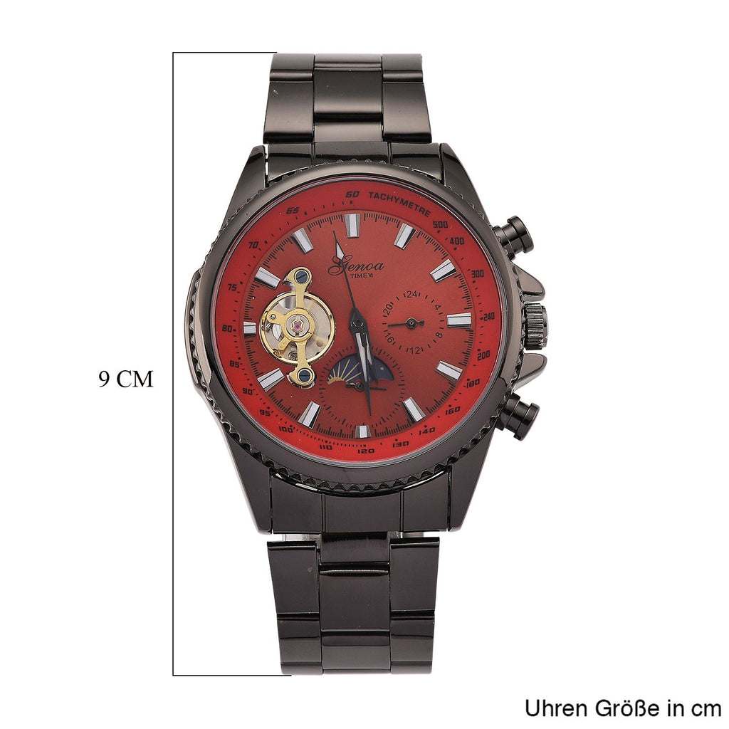GENOA TIME - Bicolor-Armbanduhr, Reiner Edelstahl, schwarz-rotfarben, Automatik, 3 ATM wasserdicht