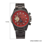 GENOA TIME - Bicolor-Armbanduhr, Reiner Edelstahl, schwarz-rotfarben, Automatik, 3 ATM wasserdicht