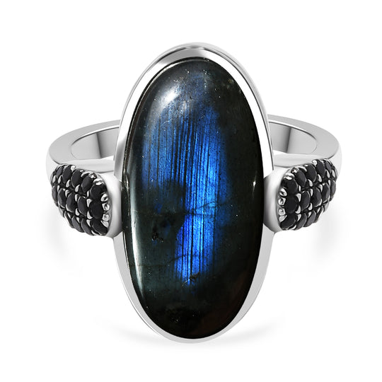 EVER TRUE Labradorit, Schwarzer Spinell Ring 316L Edelstahl (Größe 19.00) ca. 9.89 ct