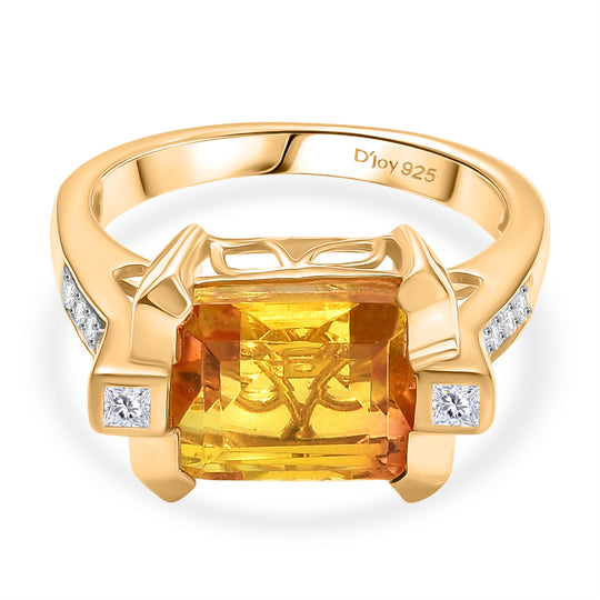 Feuerrahmen-Design - D'Joy Sphaleros Quarz, Weißer Zirkon Ring. 925 Silber 750 Gelb Vergoldet (Größe 18.00) ca. 4.20 ct