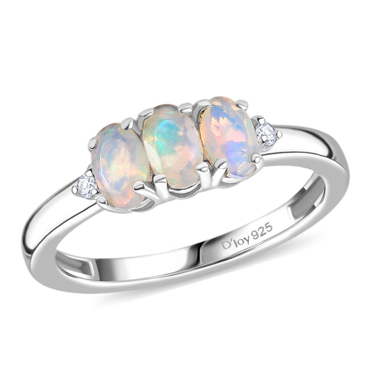 AA Natürlicher, äthiopischer Welo Opal, Weißer Zirkon Ring 925 Silber rhodiniert (Größe 18.00) ca. 0,54 ct