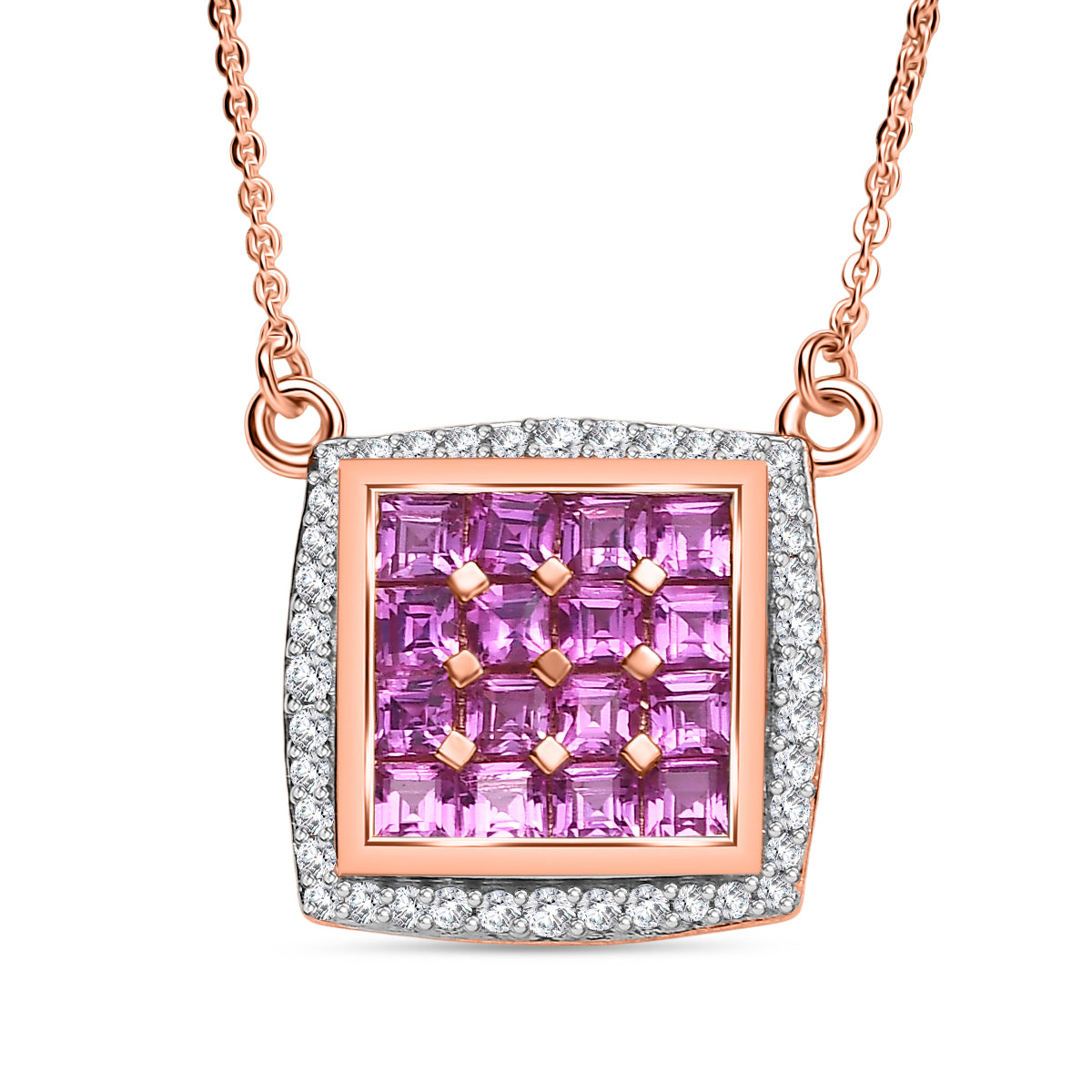 Luxuriant - AA Lab Grown Rosa Saphir, Weißer Zirkon Halskette ca. 50 cm 925 Silber 750 Roségold Vermeil ca. 2.57 ct