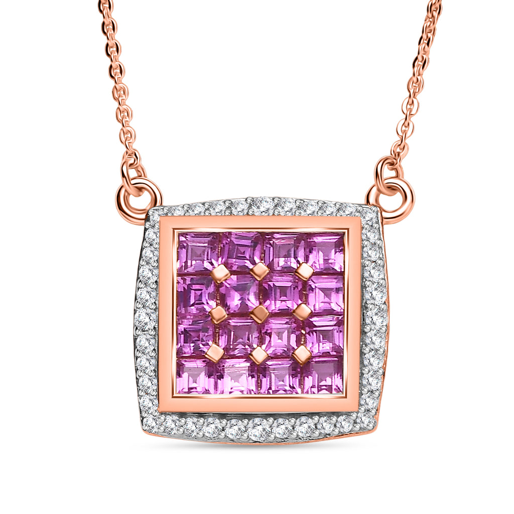 Luxuriant - AA Lab Grown Rosa Saphir, Weißer Zirkon Halskette ca. 50 cm 925 Silber 750 Roségold Vermeil ca. 2.57 ct