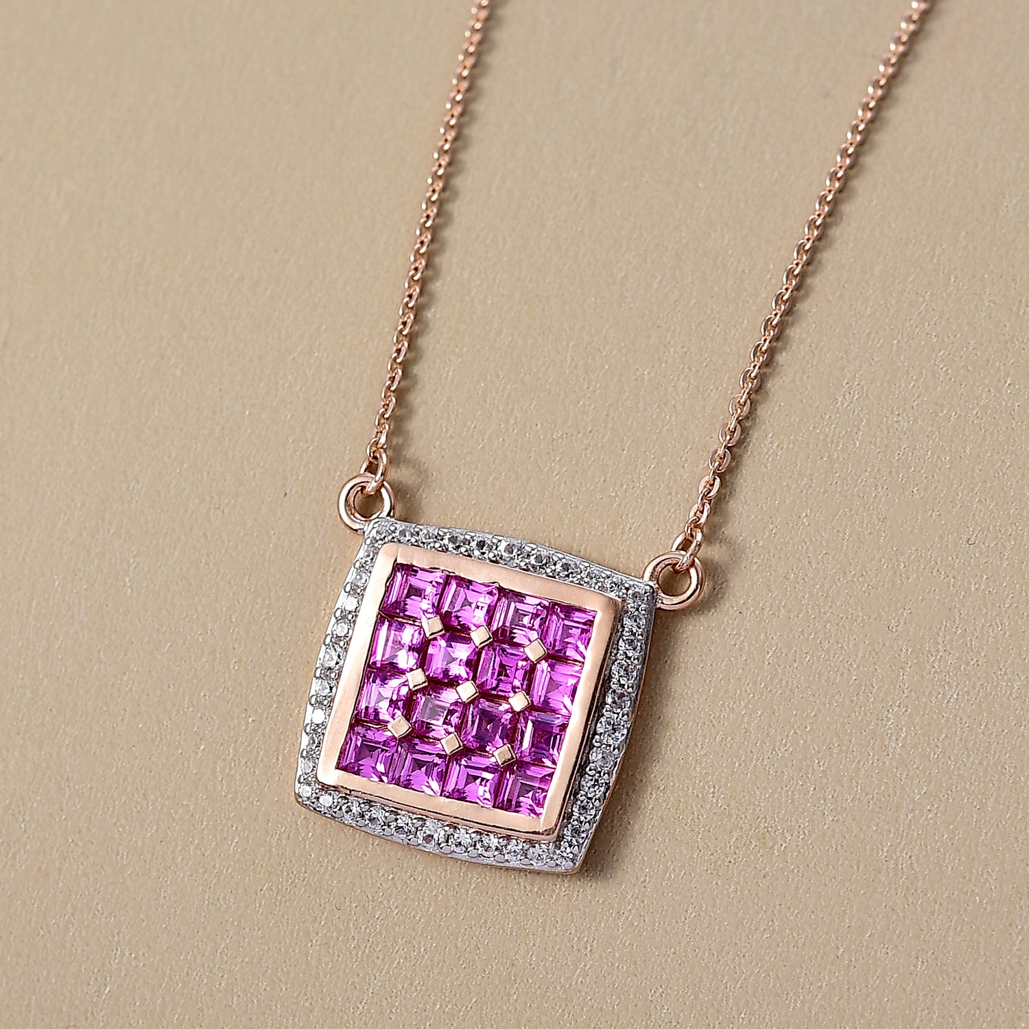Luxuriant - AA Lab Grown Rosa Saphir, Weißer Zirkon Halskette ca. 50 cm 925 Silber 750 Roségold Vermeil ca. 2.57 ct