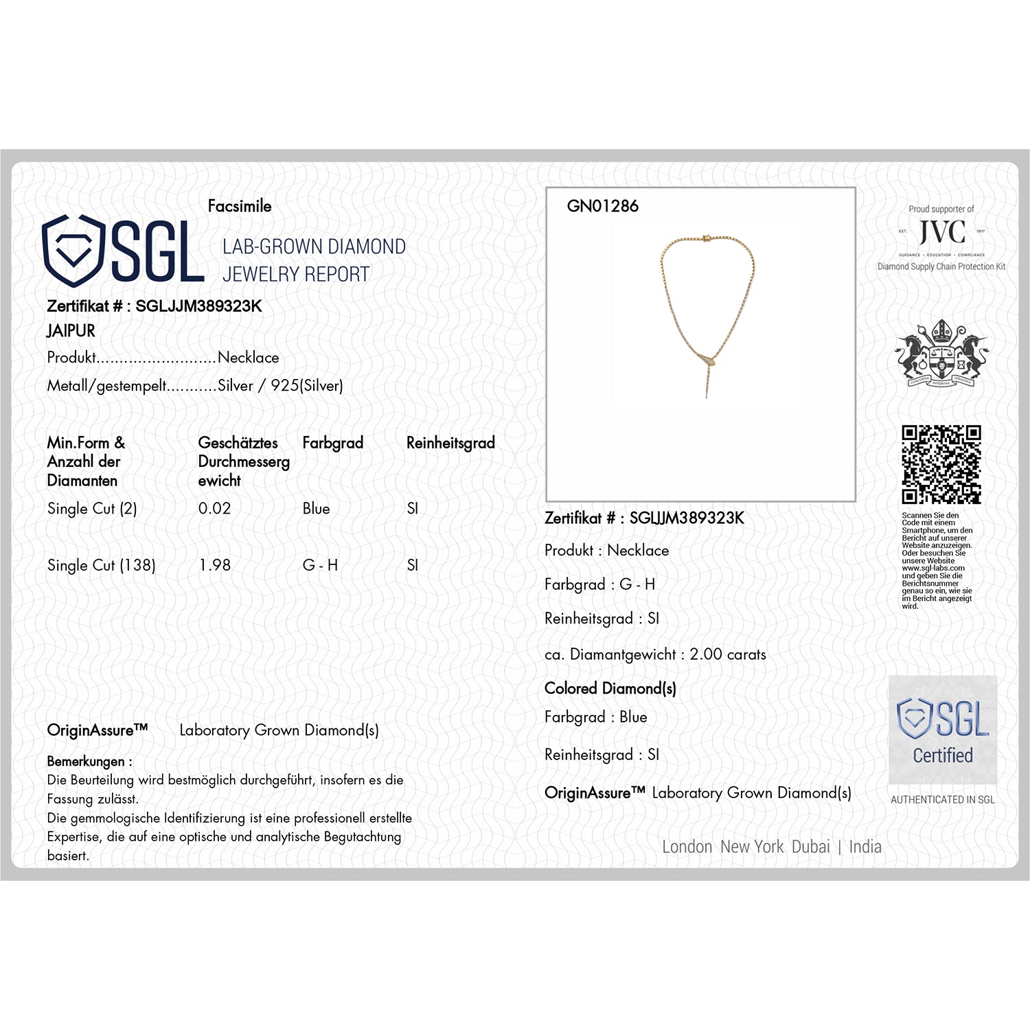 LUXURIANT DIAMOND - Lab Grown Diamant SI-GH SGL zertifiziert Halskette ca. 45 cm 925 Silber 750 Gelbgold Vermeil ca. 2.00 ct