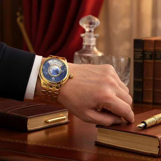 WILLIAM HUNT - Automatik Armbanduhr mit mechanischem Uhrwerk Sternenhimmel Zifferblatt, 316L Edelstahl, Goldfarben