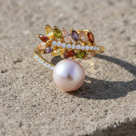 Lila Süßwasser Perle, Mehrfarbiger Zirkonia Ring Nickelfreies Messing, Goldfarben, Flexibles (Größe 17.00-19.00)