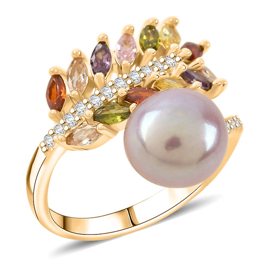 Lila Süßwasser Perle, Mehrfarbiger Zirkonia Ring Nickelfreies Messing, Goldfarben, Flexibles (Größe 17.00-19.00)