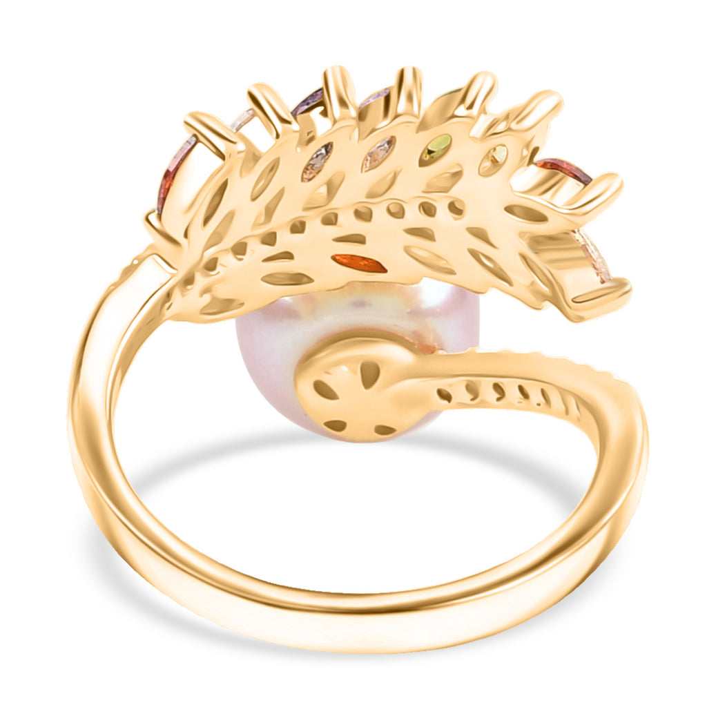 Lila Süßwasser Perle, Mehrfarbiger Zirkonia Ring Nickelfreies Messing, Goldfarben, Flexibles (Größe 17.00-19.00)