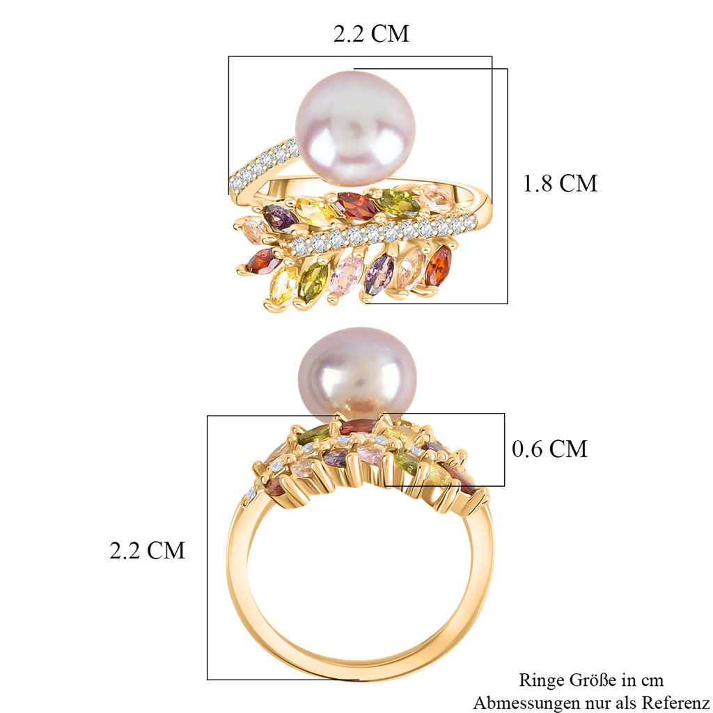 Lila Süßwasser Perle, Mehrfarbiger Zirkonia Ring Nickelfreies Messing, Goldfarben, Flexibles (Größe 17.00-19.00)