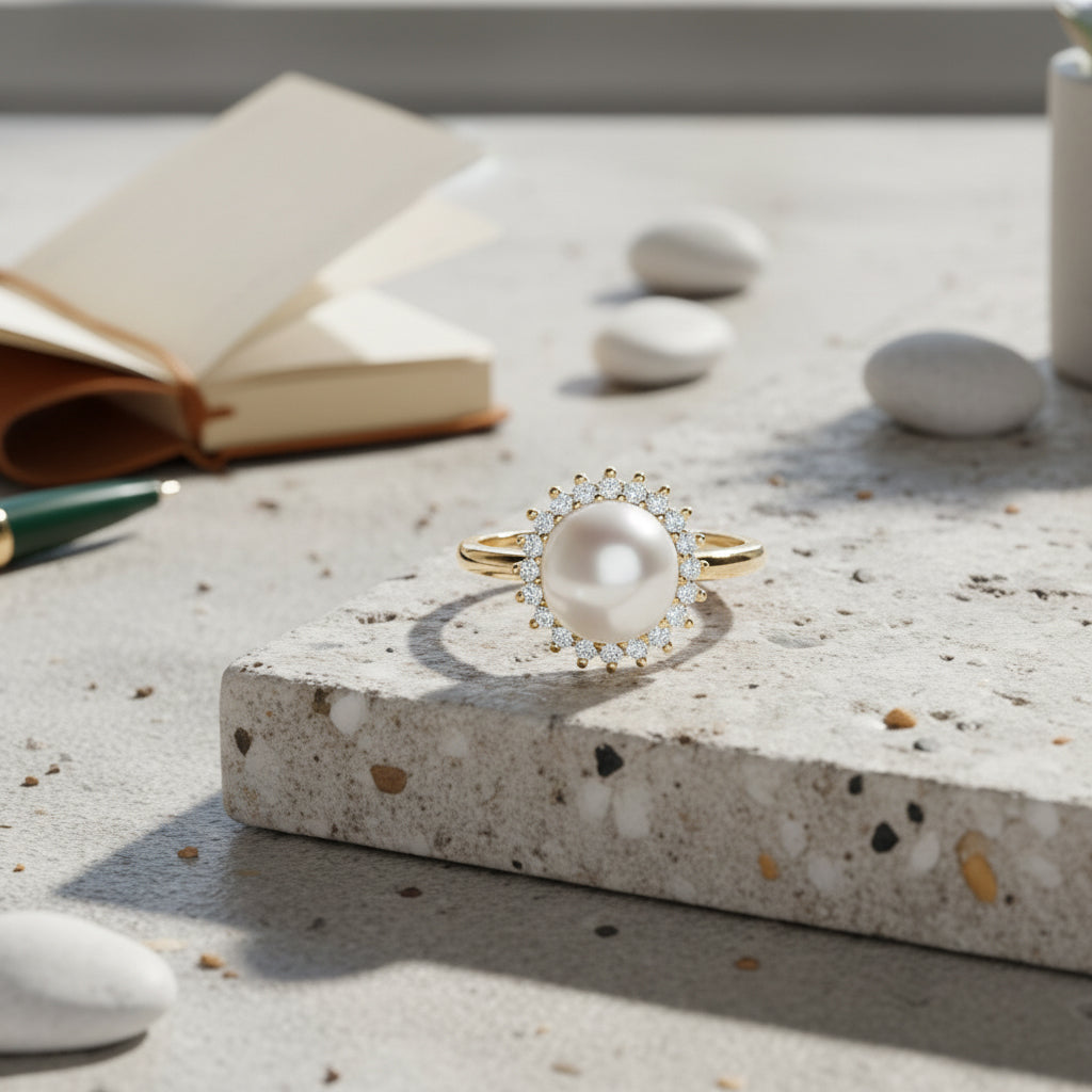 Weiße Süßwasser Perle, Weißer Zirkonia Ring Nickelfreies Messing, Goldfarben, Flexibles (Größe 17.00-19.00)