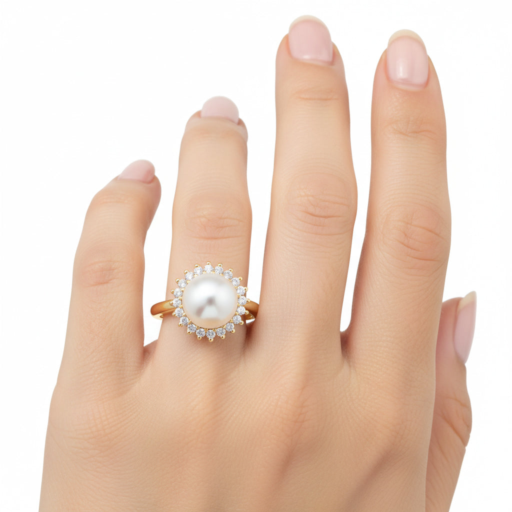 Weiße Süßwasser Perle, Weißer Zirkonia Ring Nickelfreies Messing, Goldfarben, Flexibles (Größe 17.00-19.00)
