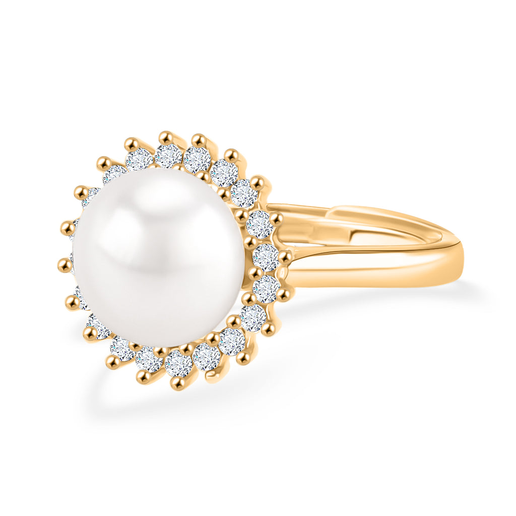 Weiße Süßwasser Perle, Weißer Zirkonia Ring Nickelfreies Messing, Goldfarben, Flexibles (Größe 17.00-19.00)