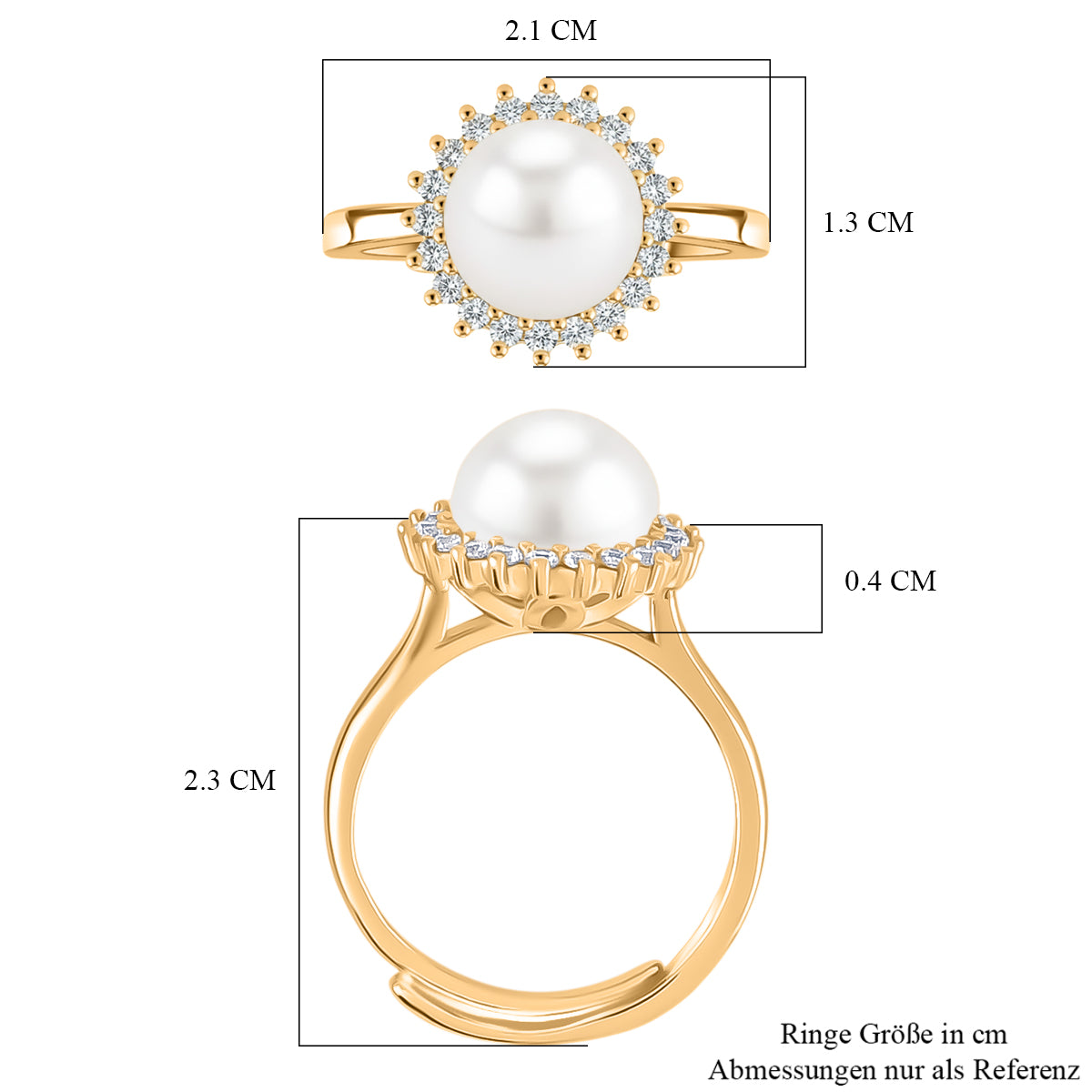 Weiße Süßwasser Perle, Weißer Zirkonia Ring Nickelfreies Messing, Goldfarben, Flexibles (Größe 17.00-19.00)