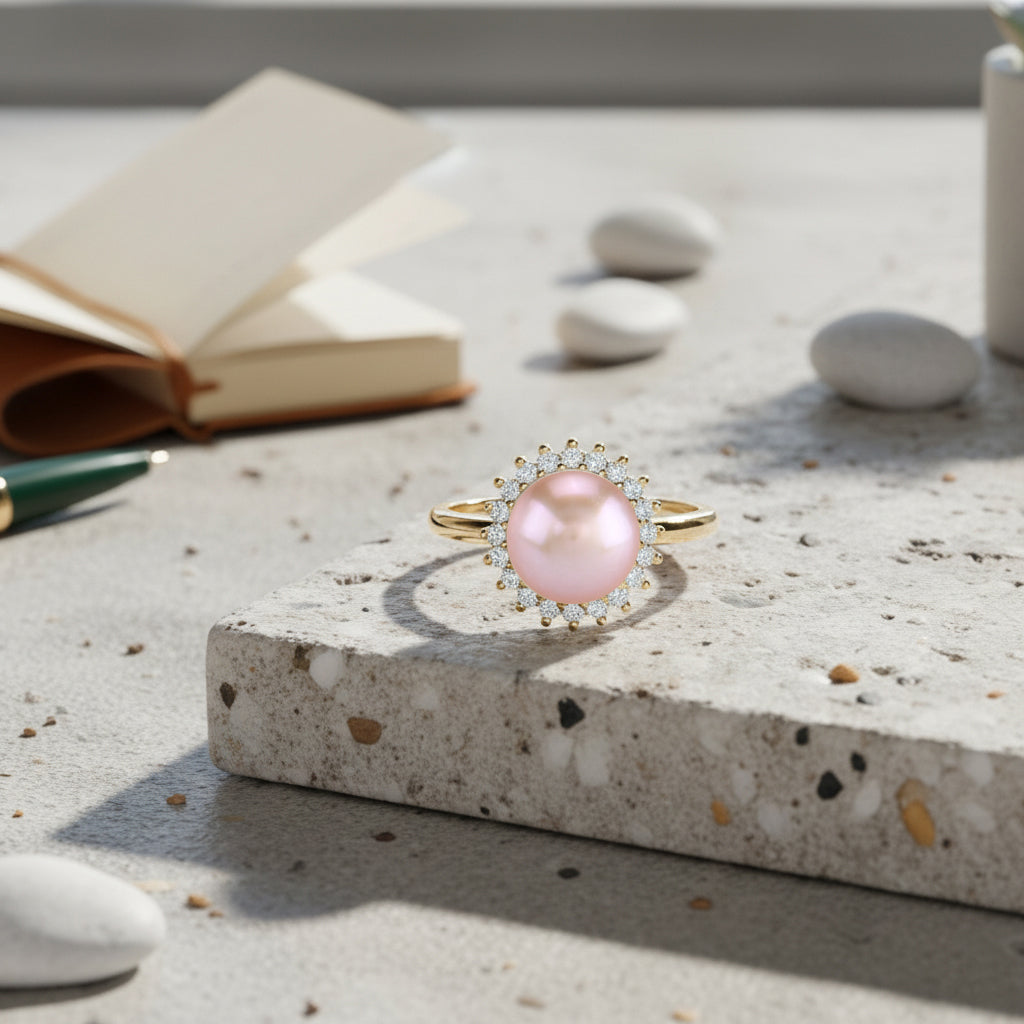 Lila Süßwasser Perle, Weißer Zirkonia Ring Nickelfreies Messing, Goldfarben, Flexibles (Größe 17.00-19.00)
