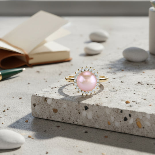 Lila Süßwasser Perle, Weißer Zirkonia Ring Nickelfreies Messing, Goldfarben, Flexibles (Größe 17.00-19.00)