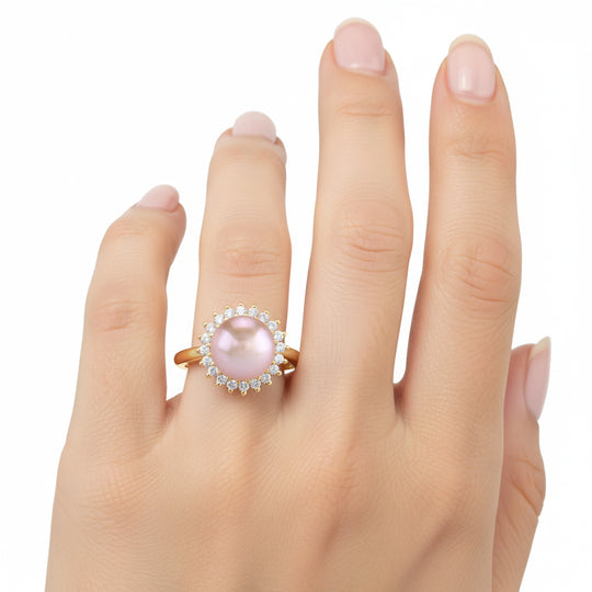 Lila Süßwasser Perle, Weißer Zirkonia Ring Nickelfreies Messing, Goldfarben, Flexibles (Größe 17.00-19.00)