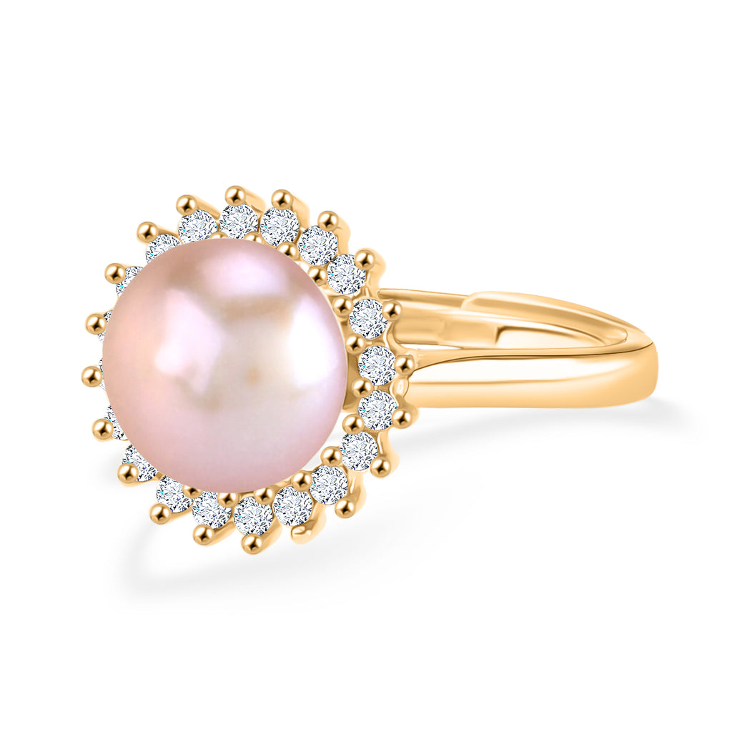 Lila Süßwasser Perle, Weißer Zirkonia Ring Nickelfreies Messing, Goldfarben, Flexibles (Größe 17.00-19.00)