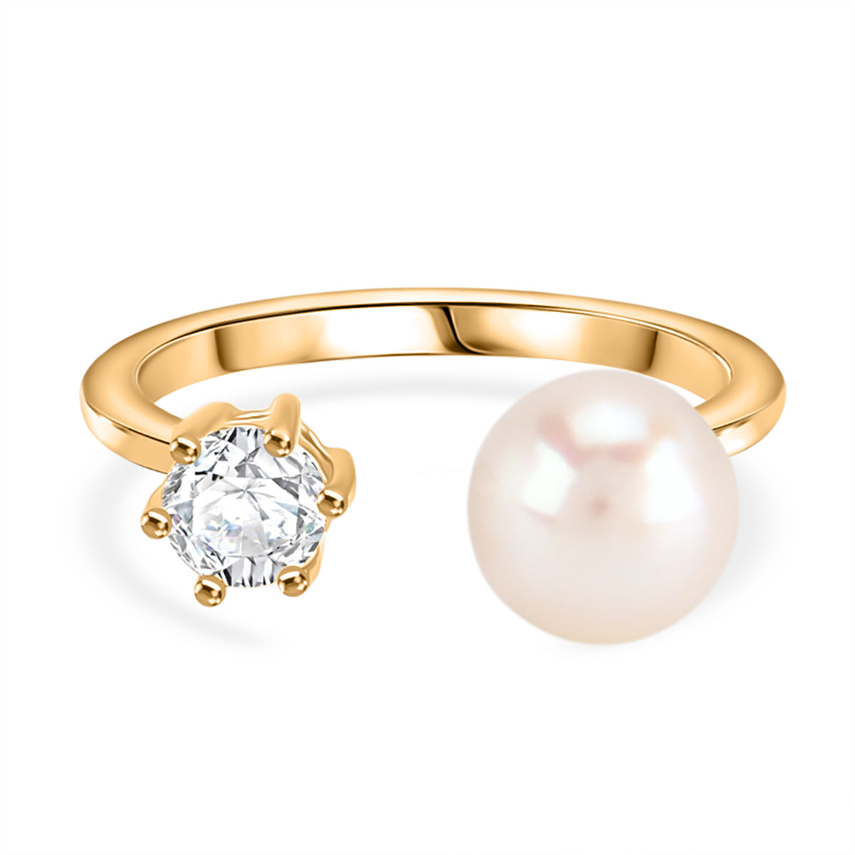 Flexibler weißer Süßwasser Perle und weißer Zirkonia Ring, Messing in Goldton (Größe 16.00-18.00)