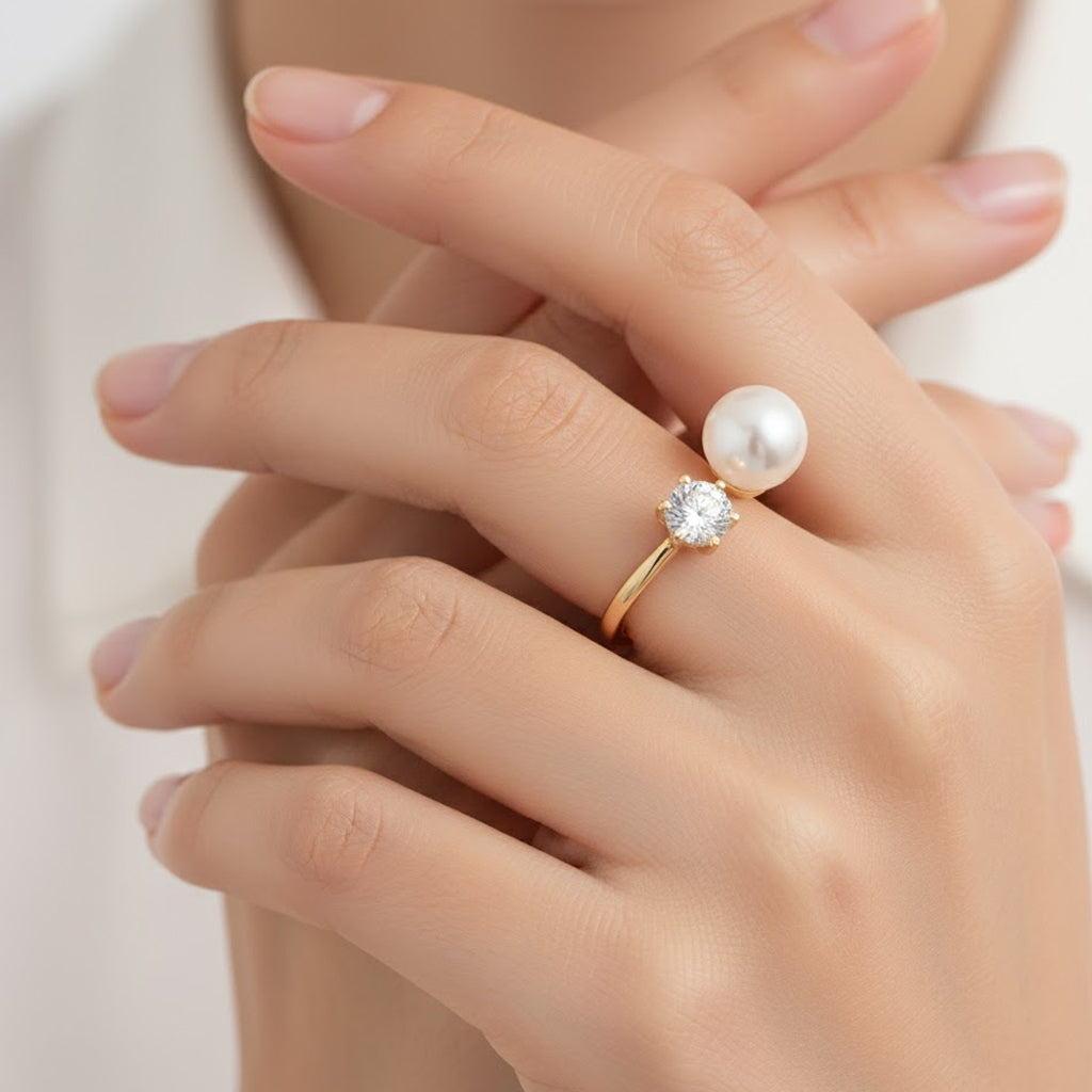 Weiße Süßwasser Perle, Weißer Zirkonia Ring Nickelfreies Messing, Goldfarben, Flexibles (Größe 16.00-18.00)
