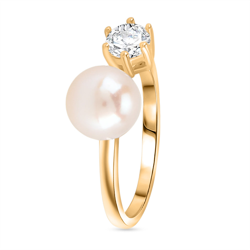 Weiße Süßwasser Perle, Weißer Zirkonia Ring Nickelfreies Messing, Goldfarben, Flexibles (Größe 16.00-18.00)