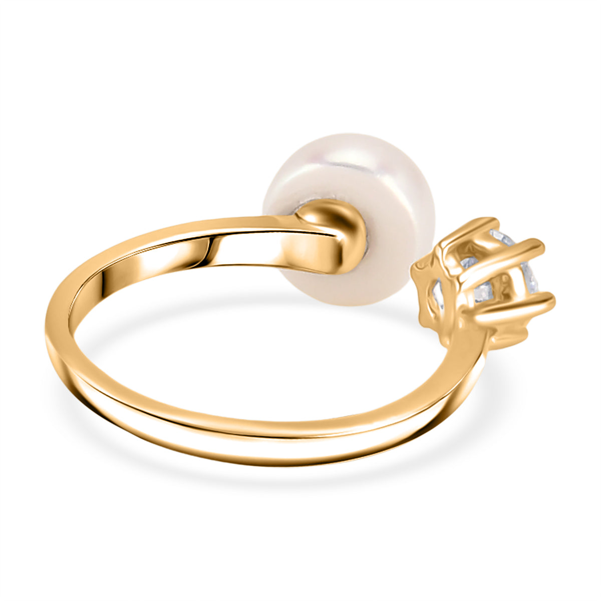 Flexibler weißer Süßwasser Perle und weißer Zirkonia Ring, Messing in Goldton (Größe 16.00-18.00)