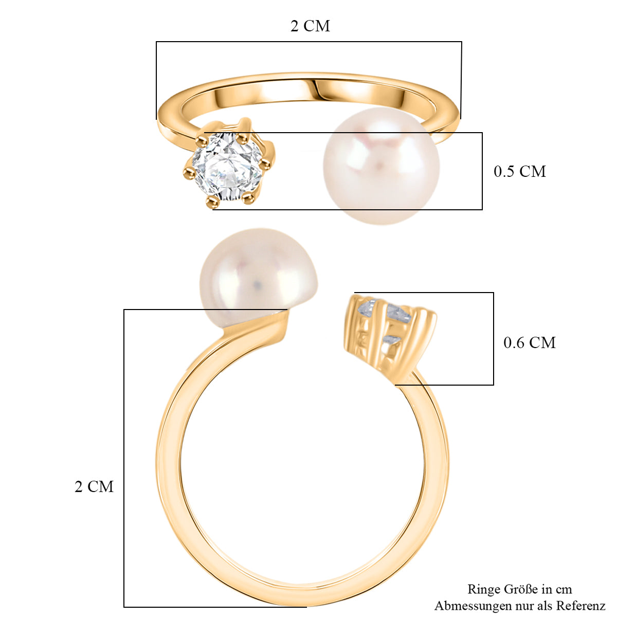 Flexibler weißer Süßwasser Perle und weißer Zirkonia Ring, Messing in Goldton (Größe 16.00-18.00)