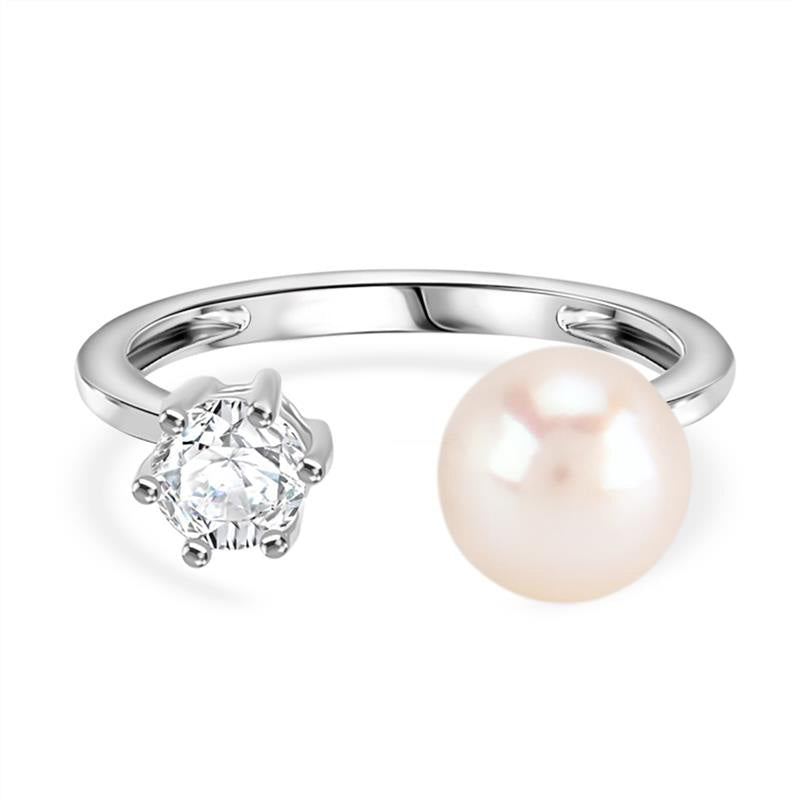 Weiße Süßwasser Perle, Weißer Zirkonia Ring Nickelfreies Messing, Flexibles (Größe 16.00-18.00)