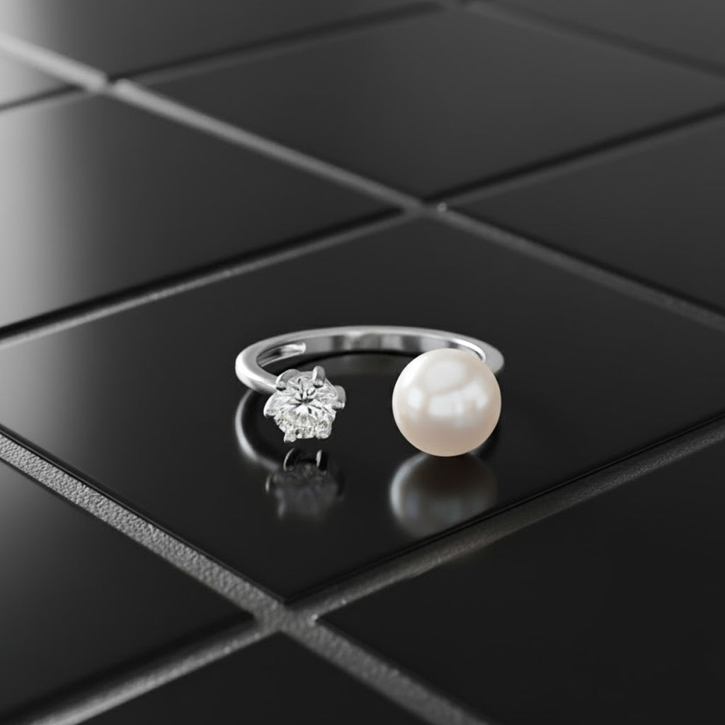 Weiße Süßwasser Perle, Weißer Zirkonia Ring Nickelfreies Messing, Flexibles (Größe 16.00-18.00)