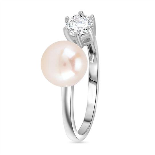 Weiße Süßwasser Perle, Weißer Zirkonia Ring Nickelfreies Messing, Flexibles (Größe 16.00-18.00)