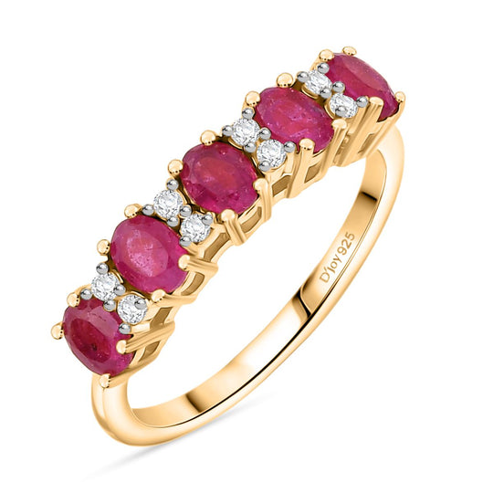 Victorian Era Five Stone - Afrikanischer Rubin (Fissure gefüllt), Weißer Zirkon Ring 925 Silber 750 Gelb Vergoldet (Größe 19.00) ca. 1.39 ct