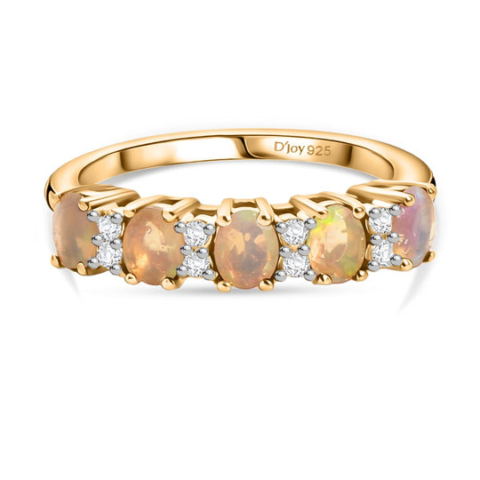 Natürlicher, äthiopischer Welo Opal, Weißer Zirkon Ring 925 Silber 750 Gelb Vergoldet (Größe 21.00) ca. 0.75 ct