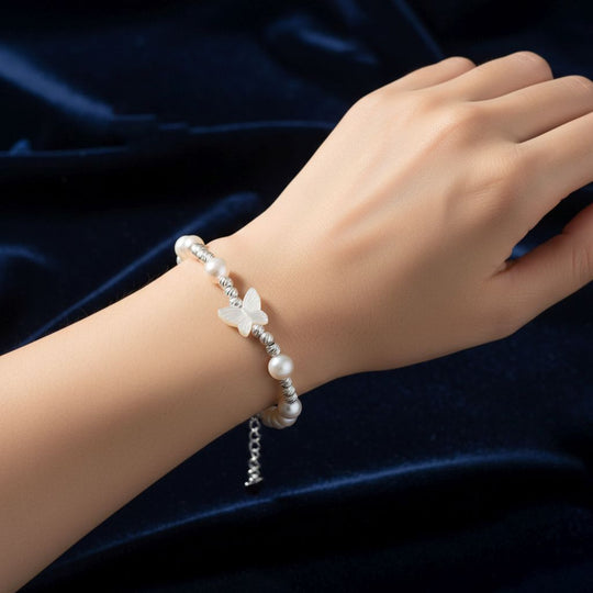 Weiße Muschelkernperle, Weiße Süßwasser Perle Armband ca. 15.25 cm + 3.5 cm Extender, Nickelfreies Messing Silberfarben