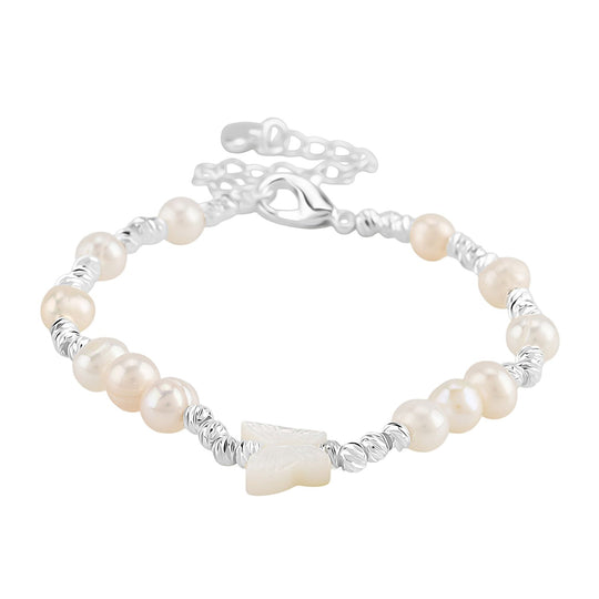 Weiße Muschelkernperle, Weiße Süßwasser Perle Armband ca. 15.25 cm + 3.5 cm Extender, Nickelfreies Messing Silberfarben