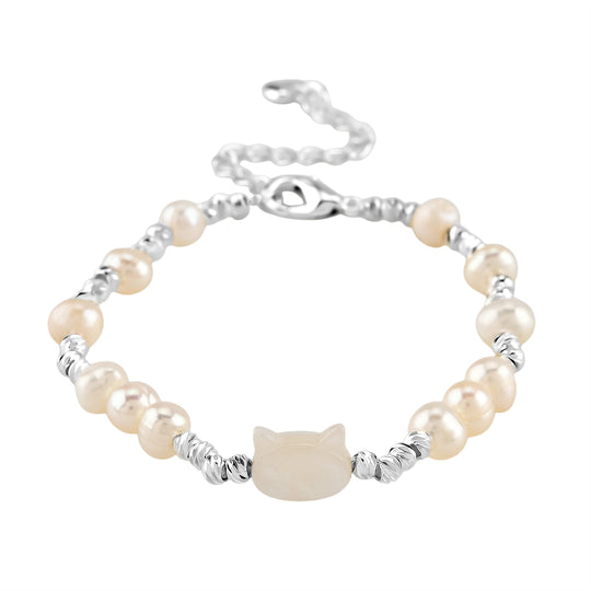 Weiße Muschelkernperle, Mehrfarbige Süßwasser Perle Armband ca. 15.25 cm + 3.5 cm Extender, Nickelfreies Messing Silberfarben
