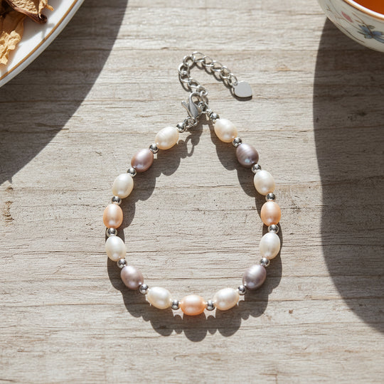 Mehrfarbige Süßwasser Perle Armband ca. 16.5 cm + 3.5 cm Extender, Nickelfreies Messing, Silberfarben