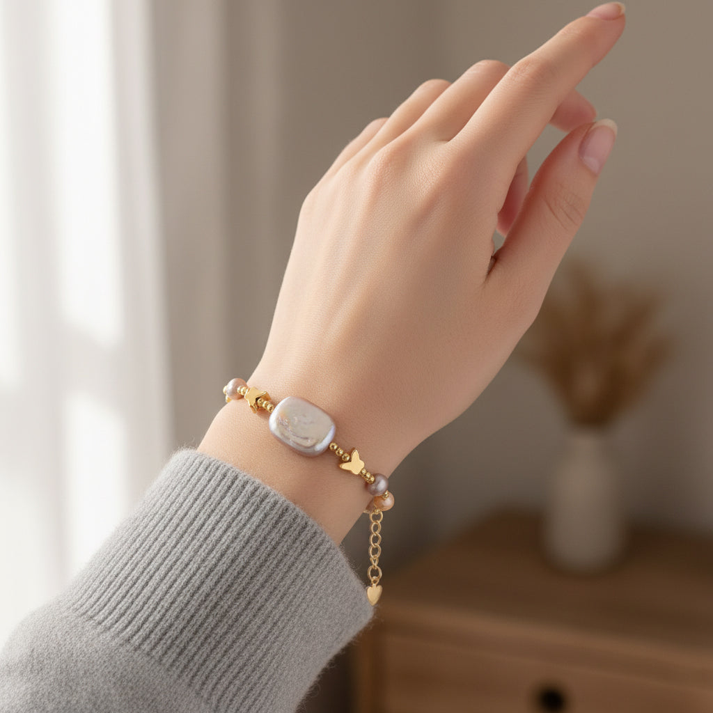 Rosa Süßwasser Perle, Lila Süßwasser Perle Armband ca. 15.85 cm + 3.5 cm Extender, Nickelfreies Messing, Goldfarben