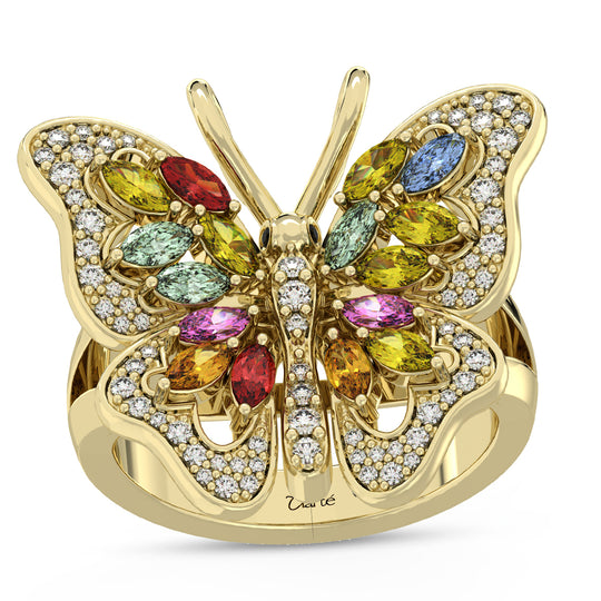 CLARTE Flutter - AA Mehrfarbiger Saphir, Moissanit Ring, 925 Silber Gelbgold, (Größe 20.00) ca. 1.96 ct