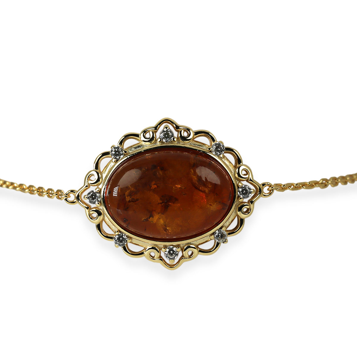 Natürliches Baltisches Bernstein, Zirkonia Armband ca. 15.85 cm + 2.5 cm Extender, 925 Silber Gelbgold